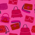 Woman Bags Seamless Pattern. Tiled vector background with women handbag stylish fashion accessories on magenta pink Royalty Free Stock Photo