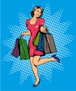 Woman with bags shopping. Vector illustration in comics pop art style. Special sale offers advertising poster Royalty Free Stock Photo