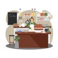 Woman baker selling pastry sweet desserts in bakery shop, vector flat illustration