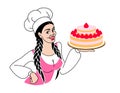 Woman baker smiling in chef hat with cake, pastries and sweet food, vector cartoon. Pastry chef, bakery chef girl