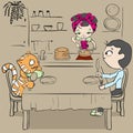 Woman bakes pancakes. Cat and man waiting for dinner Royalty Free Stock Photo