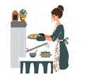 Woman baking bread in kitchen, preparing homemade loaf with oven mitts. Young female cook in apron showcasing cooking