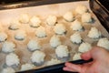 Woman baking Christmas coconut puffs macaroon cookies putting tray into oven. Festive cozy home atmosphere