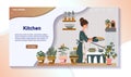 Woman baking pie in kitchen, home cooking website design, vector illustration