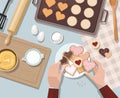Woman baking. Baking utensils and cooking ingredients for tarts, cookies, dough and pastry. Valentine`s day.