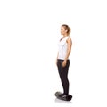 Woman, balance and mat in studio for fitness, pilates or workout for healthy body, wellness or exercise. Person, face