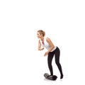 Woman, balance and mat in studio for fitness, pilates or workout for healthy body, wellness or exercise. Person, face