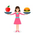 Woman balances Fast food and apple healthy food on scales. Loss weight Diet nutrition  fitness and health concept. vector Royalty Free Stock Photo