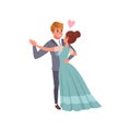 A woman in a ball dress and a man in a frock coat dancing, happy romantic couple in love cartoon vector Illustration Royalty Free Stock Photo