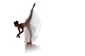 Woman ballerina in white long skirt posing on white background