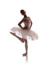 Woman ballerina in white pack tutu posing on white background