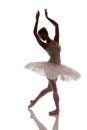 Woman ballerina in white pack tutu posing on white background