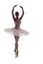 Woman ballerina in white pack tutu posing on white background