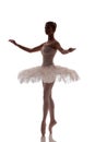 Woman ballerina in white pack tutu posing on white background