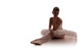 Woman ballerina in white pack tutu posing on white background