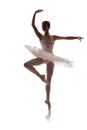 Woman ballerina in white pack tutu posing on white background