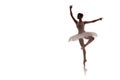 Woman ballerina in white pack tutu posing on white background