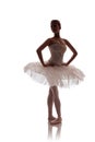 Woman ballerina in white pack tutu posing on white background