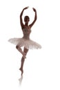 Woman ballerina in white pack tutu posing on white background