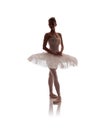 Woman ballerina in white pack tutu posing on white background