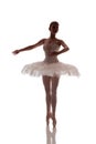 Woman ballerina in white pack tutu posing on white background