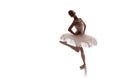 Woman ballerina in white pack tutu posing on white background