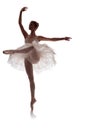 Woman ballerina in white pack tutu posing on white background