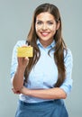 Woman Bank employee show credit card.