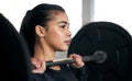 Woman, barbell and fitness in gym, strength and bodybuilding for muscle and performance athlete. Workout, training and Royalty Free Stock Photo