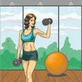 Woman with barbell vector illustration in retro pop art style. Sport fitness concept comic poster. Girl slim body in gym