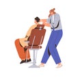 Woman barber cutting hair for man customer sitting in barbershop chair. Modern hairdresser girl working with client