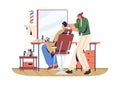 Woman barber cutting hair with scissors. Hairdresser doing haircut for man client, sitting in chair in front of mirror