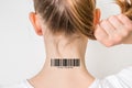 Woman with barcode on her neck - genetic clone concept