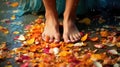 A woman with bare feet standing in a pile of petals, AI