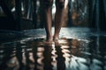 Woman barefoot stand in puddle during the rain. Generative AI