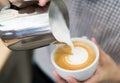 Woman barista pouring stream milk for making latte art coffee wi