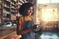 Woman barista take order with tablet