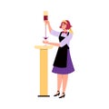 Woman bartender character pouring alcoholic drink into glass flat style