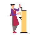 Woman bartender character stands and pours beer into mug flat style