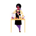 Woman bartender mixing alcoholic drinks and pouring cocktail, flat vector illustration isolated on white background. Royalty Free Stock Photo