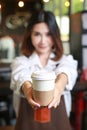 Woman bartender serving customer at coffee shop. Royalty Free Stock Photo