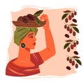 Woman with basket of coffee beans, hand drawn flat vector illustration isolated.