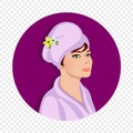 Woman in Bath Robe Wrap in Towel Turban on Head