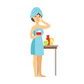 Woman in bath towel is applying cream on her face and beauty and holding cream in her hand. Colorful cartoon character Royalty Free Stock Photo