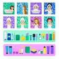 Woman bathing in bathroom vector beautiful girl character washing in bath illustration set of women with skincare cream
