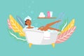 Woman bathing in bathtub, dark skinned asiatic girl in bathroom cartoon vector Illustration. Body relaxation and hygiene