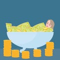 Woman bathing in money filthy rich wealth success fortune