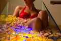 Woman bathing in spa with color therapy