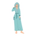 Woman in bathrobe brushing teeth after shower flat color vector faceless character