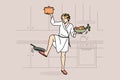 Woman in bathrobe multitask with household chores